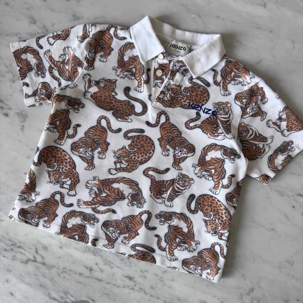 Kenzo Kids 6Y Fun Tiger Print Short Sleeve Polo 100% Cotton Clean Neutral Colors
